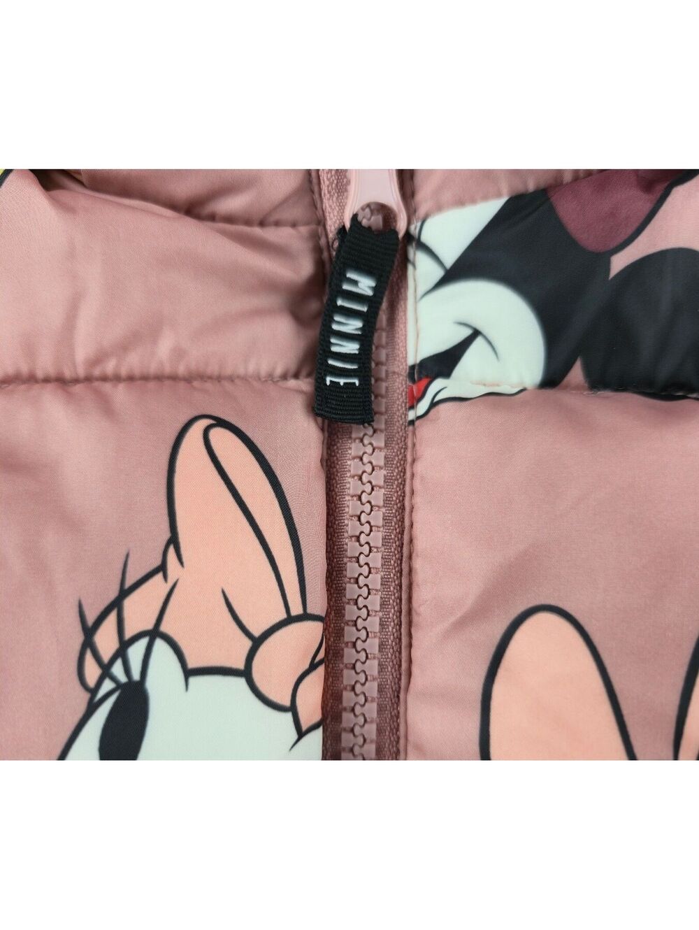 H&M Disney Minnie Mouse Daisy Duck Puffer Jacket dusty/Pink Hood Ears Size12-18M - Picture 2 of 7